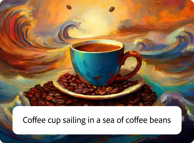Xícara de café sobre uma pilha de grãos de café com ondas ao fundo gerada no Adobe Express