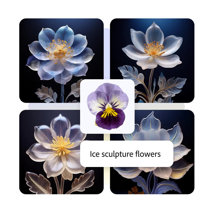 Flores esculpidas em gelo contra fundo escuro geradas no Adobe Express