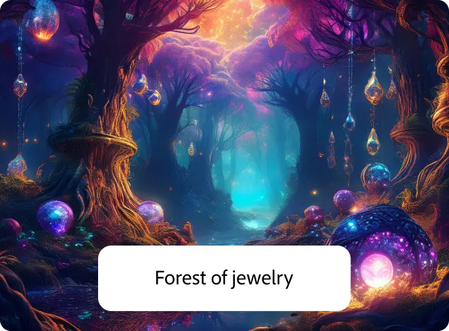 Floresta mítica com joias penduradas nas árvores gerada no Adobe Express