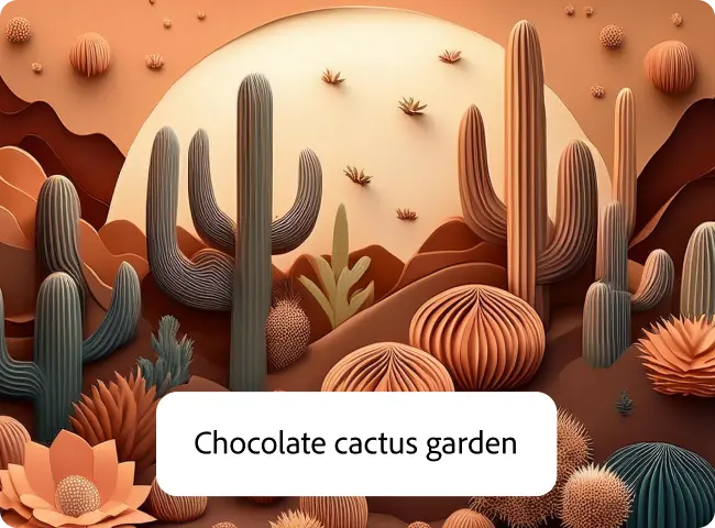 Cactos saguaro com efeito 3D e pôr do sol ao fundo gerados no Adobe Express