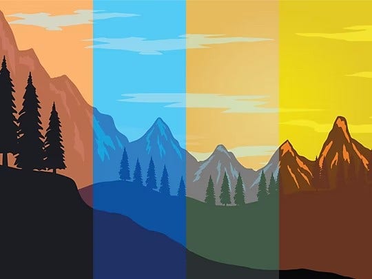 Paisagem montanhosa desenhada em diferentes tons