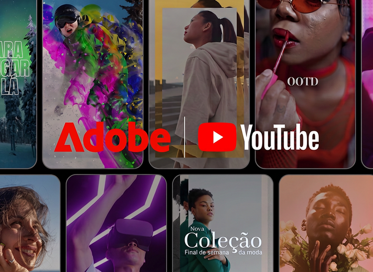 Quadros do YouTube Shorts (uma mulher com óculos de lente avermelhada, um praticante de snowboard, uma mulher com capacete de realidade virtual e um homem segurando flores), com uma sobreposição dos logotipos da Adobe e do YouTube.