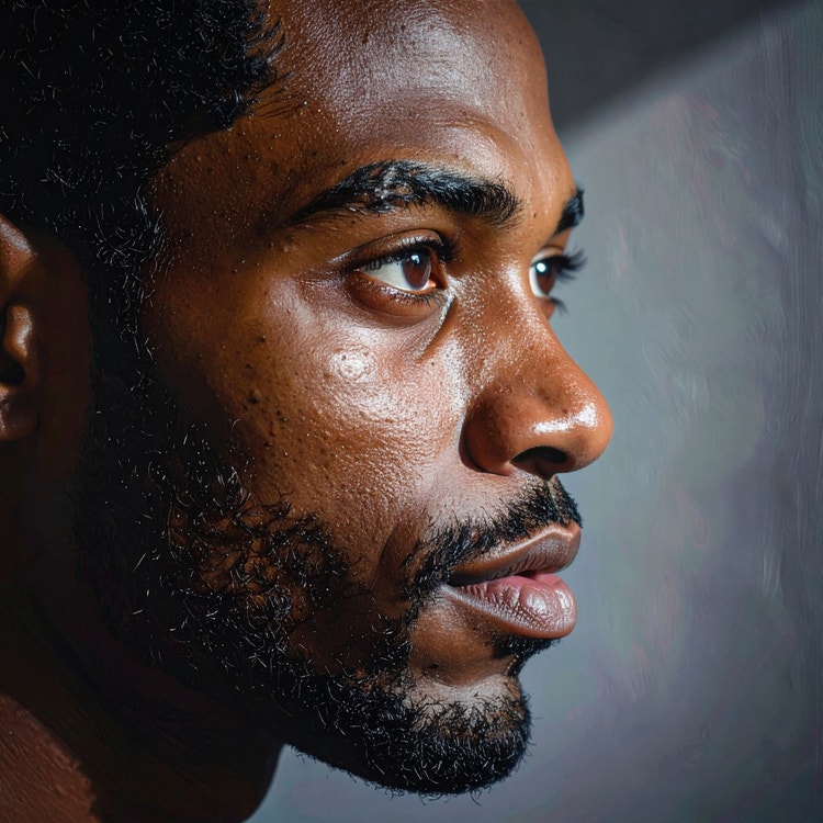 Imagem gerada por IA de um retrato de perfil de um homem com cabelo curto e barba, capturado em iluminação dramática e direcional que enfatiza a textura da pele e os contornos. O fundo está suavemente desfocado, criando um clima cinematográfico e intimista.