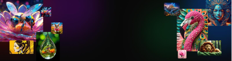 Banner como colagem mostrando exemplos de estilos de arte gerada por IA: fantasia, digital e ilustração