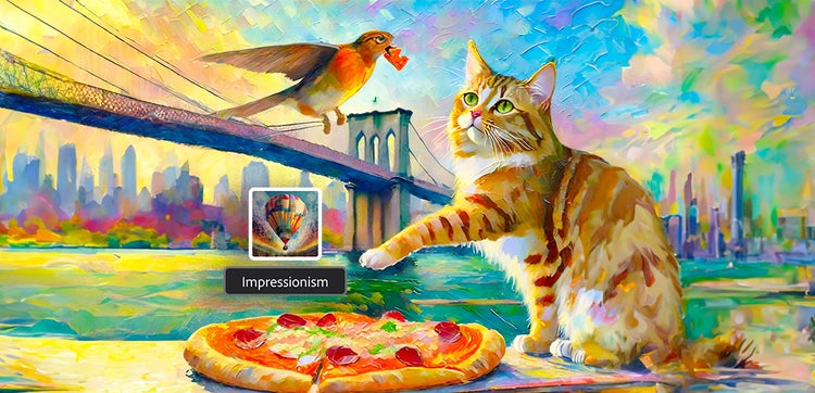 Imagens geradas pelo Firefly de um gato comendo pizza no estilo de arte impressionista