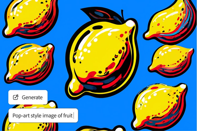 Ilustração de limões sobre um fundo azul, com sobreposições do botão Gerar e do comando de texto “Imagem de frutas no estilo pop art”.