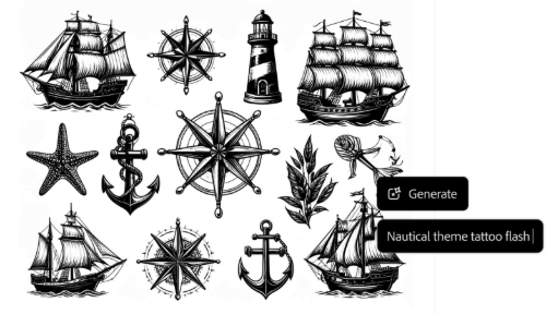 Coleção de designs de tatuagens náuticas em preto e branco, incluindo navios, âncoras, bússolas e itens marítimos, mostrada com o botão Gerar e um rótulo com o comando “Flashes para tatuagem com tema náutico”.