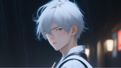 Cena de animação gerada por IA de um garoto no estilo de anime com cabelo branco em um quarto escuro