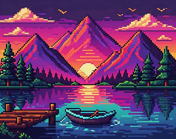 Cena de pixel art no estilo de RPG de um lago com píer e barco a remo em primeiro plano e montanhas, pinheiros e sol nascente ao fundo.