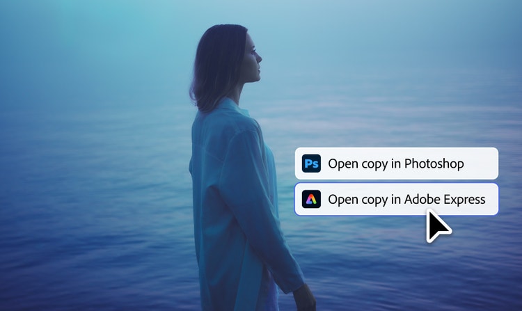 Uma imagem gerada por IA de uma mulher com camisa branca em frente à água com a ação “Abrir cópia no Adobe Express” selecionada.