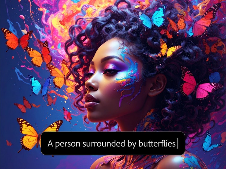 Um retrato colorido em estilo fantástico gerado por IA de uma mulher rodeada por borboletas.