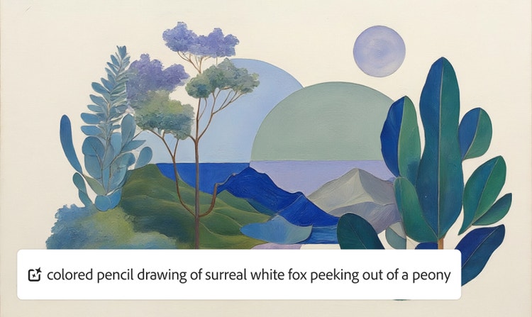 Uma paisagem com árvores, montanhas e água e uma sobreposição com o comando: “Uma arte contemporânea com elementos em camadas em tons azul/verde.”