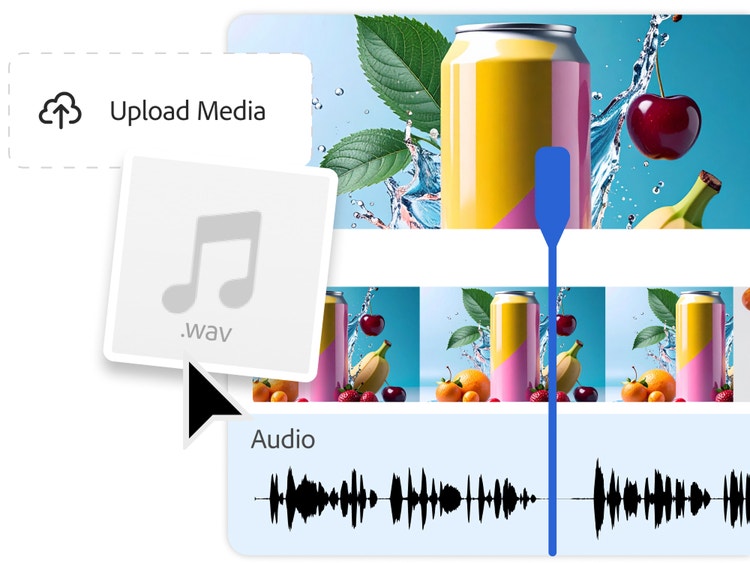 Imagem de uma lata com várias frutas ao redor e fundo azul, além de uma opção de fazer upload de gravações de voz para gerar efeitos sonoros com base no áudio de referência.