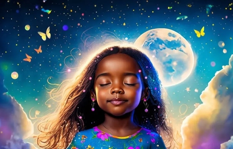 Jovem de olhos fechados em cenário cósmico, representando um exemplo do que é arte de IA