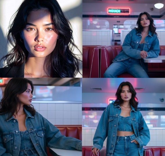 A mesma imagem gerada por IA de uma mulher é mostrada em diferentes contextos, mantendo a consistência visual do personagem.