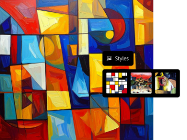 Quatro variações populares de estilo artístico, do abstrato geométrico ao impressionismo, com sobreposição de estilos gerados por IA com a ferramenta Texto para imagem