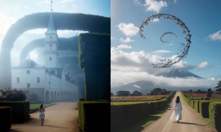 Imagens lado a lado de uma mulher caminhando sob uma cerca viva alta em arco em direção a um prédio branco com uma torre alta e uma mulher caminhando por uma estrada de terra com cercas vivas dos dois lados.