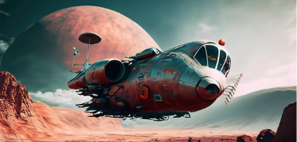 Imagem gerada a partir de um comando para IA mostrando um dirigível retrofuturista pairando sobre uma paisagem desértica vermelha, com uma lua rosa grande no céu