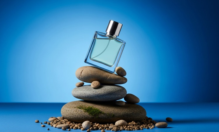 Foto de produto gerada por IA de um frasco de perfume equilibrado sobre pedras empilhadas e seixos com um fundo azul vibrante.