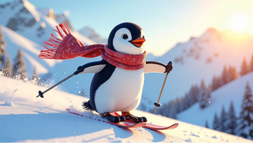 Imagem de desenho animado de um pinguim esquiando nas montanhas criada com o gerador de animação por IA