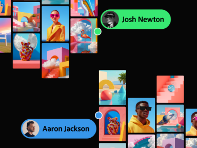 Colagem criativa de moodboard com elementos arquitetônicos surreais e perfis dos usuários Josh Newton e Aaron Jackson.