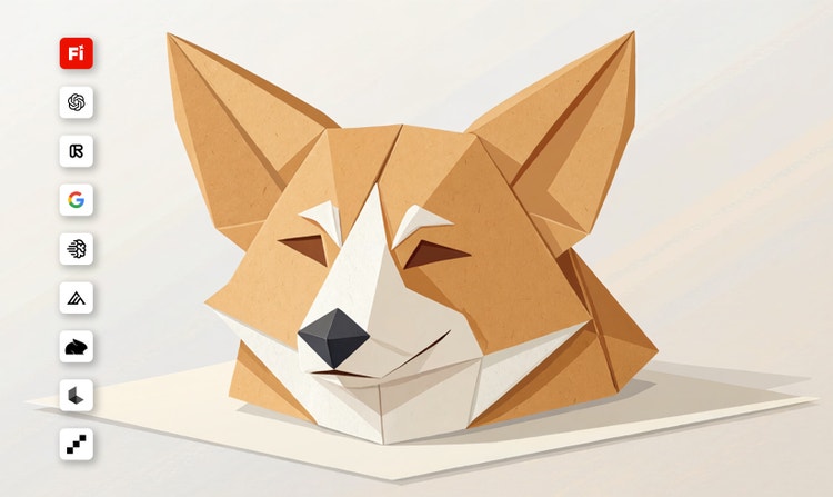 Uma ilustração de uma cabeça de Corgi em origami é exibida com ícones representando modelos de parceiros do Firefly, como OpenAI, Google e outros.