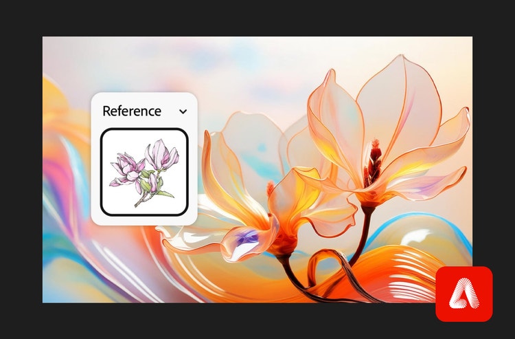 Flores realistas com tons quentes de laranja e fundo em tons pastel, com uma sobreposição de um esboço de referência na ferramenta Esboço para imagem por IA