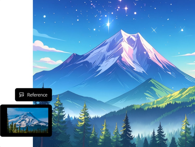 Uma montanha coberta de neve com uma floresta de pinheiros em primeiro plano. Uma sobreposição mostra uma imagem de referência de uma montanha e o botão de interface “Referência”.