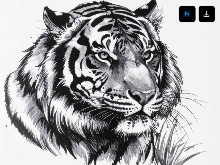 Retrato detalhado em arte linear em preto e branco do rosto de um tigre, com a sobreposição dos ícones de download e do Adobe Photoshop.