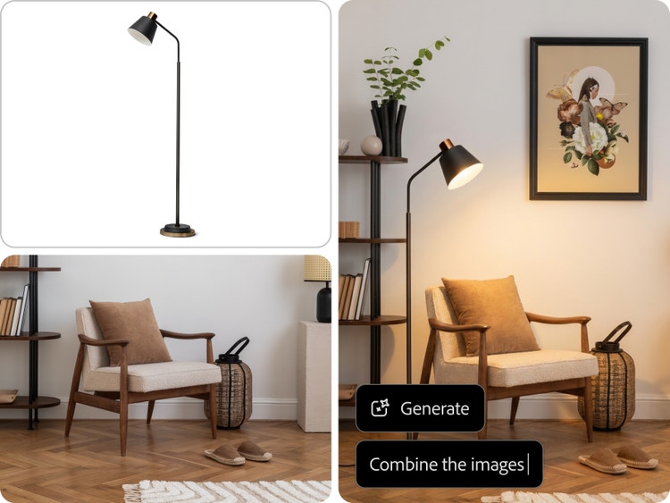 Imagens separadas de uma luminária de chão e uma poltrona de leitura combinadas em uma cena de interior aconchegante, com a luminária posicionada ao lado da poltrona e projetando luz quente.