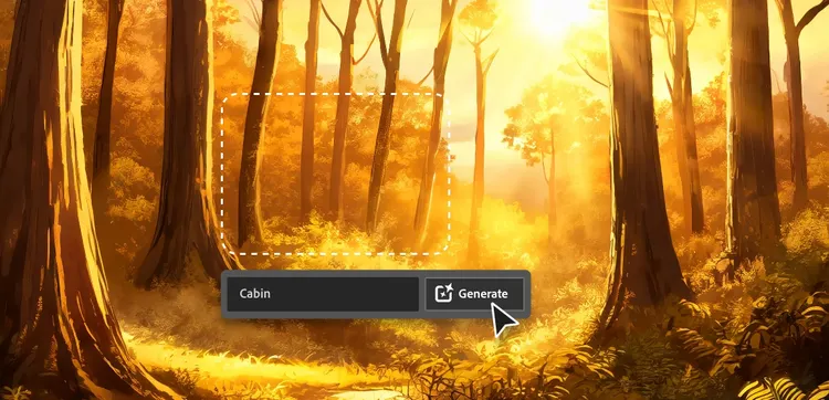 Imagem gerada por IA de uma floresta durante a hora dourada e usando IA para designers gráficos adicionarem um chalé com o botão Gerar
