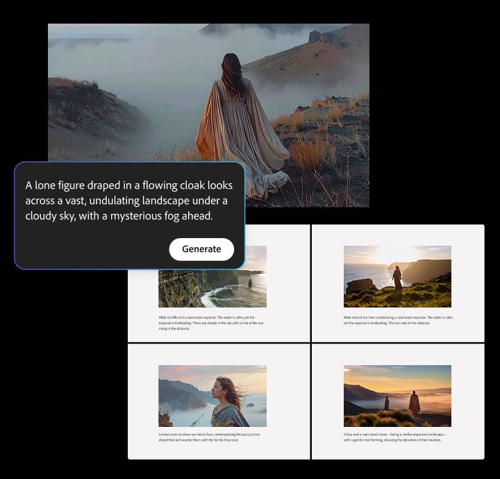Um exemplo de resultado do gerador de storyboard por IA exibindo o comando de uma cena cinematográfica e visuais correspondentes, incluindo uma figura solitária encapuzada observando uma paisagem enevoada.