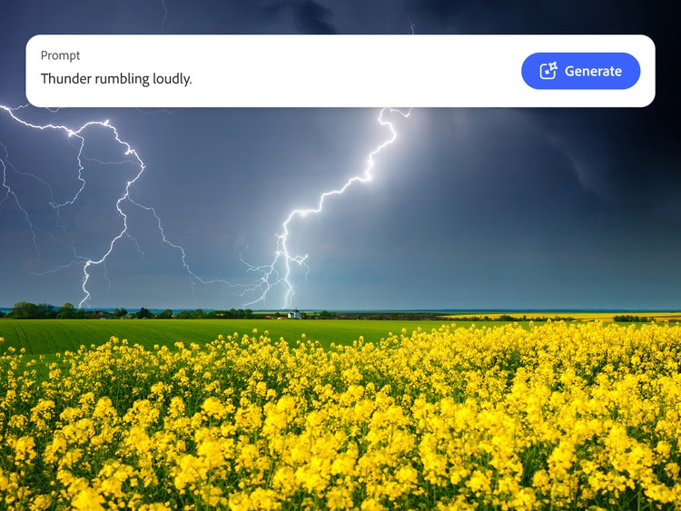 Um campo de flores amarelas com um céu tempestuoso e raios ao fundo, com um comando de texto para gerar efeitos sonoros de trovão com a IA do Firefly.