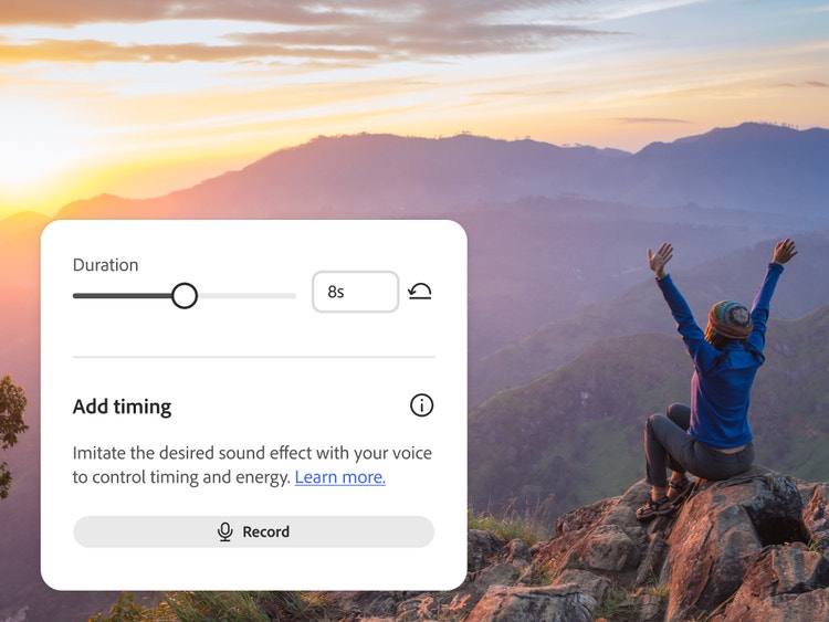 Uma pessoa sentada em uma rocha durante o pôr do sol com os braços levantados, com a interface do gerador de efeitos sonoros do Firefly exibindo opções de personalização.