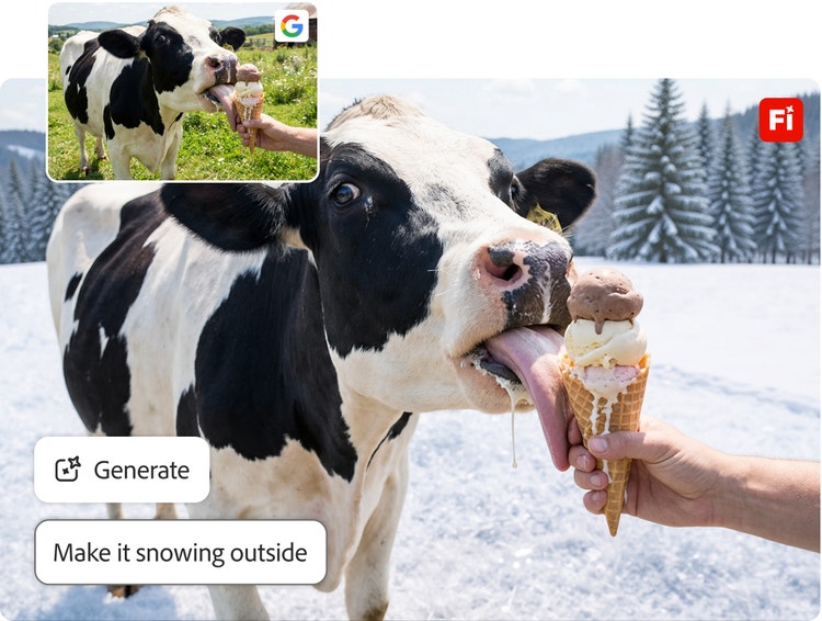 Uma vaca lambendo um sorvete enquanto o fundo foi substituído por uma paisagem nevada usando o Preenchimento generativo do Firefly; um detalhe mostra a cena original com grama.