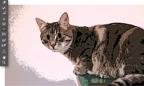 A barra de ferramentas do Adobe Photoshop sobreposta a uma imagem de gato com efeitos de desenho animado