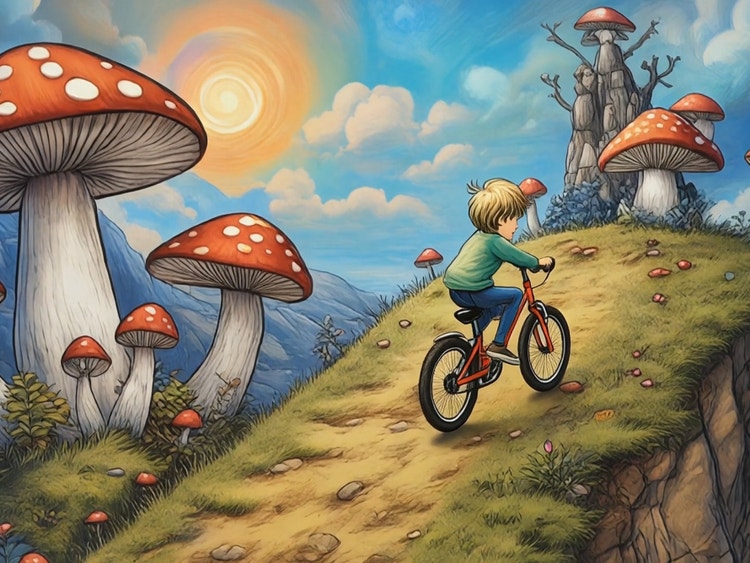 https://main--cc--adobecom.aem.page/cc-shared/assets/firefly/video/ai-character-generator/media_1fb8632988f9702f2a07009cecd1baa9425d7786d.mp4#_autoplay&mute=true | رسم رقمي لصبي يقود دراجة هوائية صاعدًا تلة مغطاة بفطر عيش الغراب العملاق يتم تحويله من نمط بسيط إلى نمط أكثر تفصيلًا باستخدام إعدادات النمط.