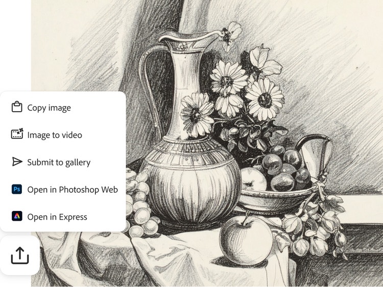 رسم بالقلم الرصاص تم إنشاؤه بالذكاء الاصطناعي لبيئة طبيعية صامتة مع واجهة مستخدم Firefly تعرض خيارات لحفظ ومشاركة الرسومات المُنشأة بالذكاء الاصطناعي.