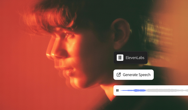 صورة مُنمقة لرجل يتحرك ويستمع إلى رسالة صوتية؛ تعرض واجهة مستخدم Firefly Generate Speech وشعار ElevenLabs.