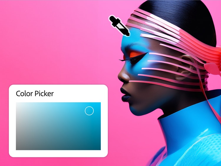 صورة فن معاصر مليئة بالألوان لامرأة من جانب وجهها الأيسر ومن ورائها خلفية وردية وتظهر أداة Color Picker (أختيار الألوان) حيث يتم تحديد لون أزرق لامع.