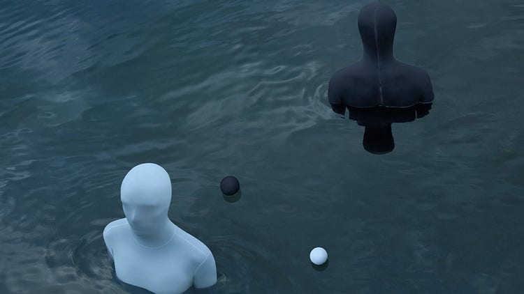 كرتان، إحداهما باللون الأسود والأخرى باللون الأبيض، تطفوان على الماء بالقرب من المانيكان., Picture