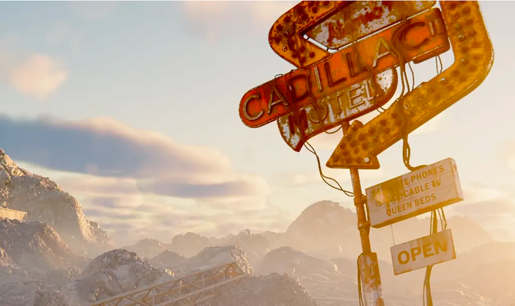 image depicting a dystopian wasteland, including a rusted hotel sign