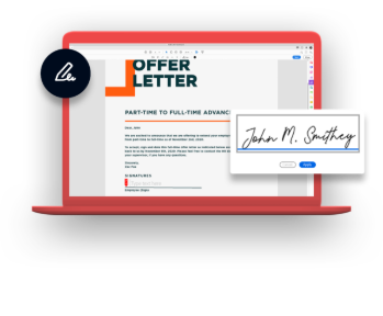 Red laptop featuring an all-digital HR experience with Adobe Document Cloud and a signature.