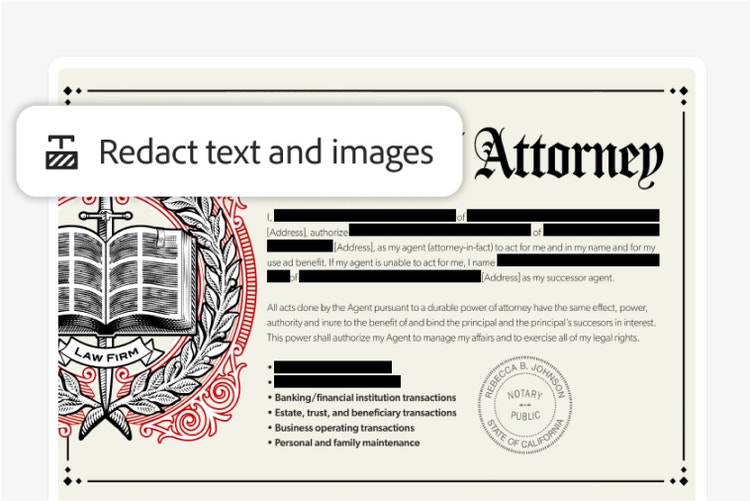 Image of a power of solicitor document with a 'Redact text and images' Acrobat feature icon overlay.