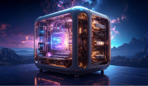 A surreal image of a glowing PC with clear case set against a mountainous background and starlit skies made with generative AI.