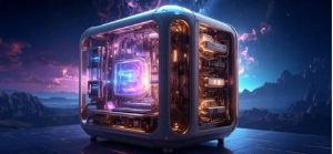 A surreal image of a glowing PC with clear case set against a mountainous background and starlit skies made with generative AI.