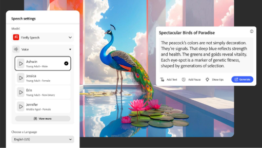 An image of a peacock standing in a pool in a modernist architectural space. On the right is UI to select various AI-generated voiceover options. A text block shows narration of facts about peacocks.