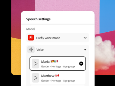 Inserting image... Speech settings interface showing 'Firefly voice mode' selected, with voice options 'Maria' (Spain and Mexico flags) and 'Matthew' (Canadian flag); 'Maria' is currently selected.