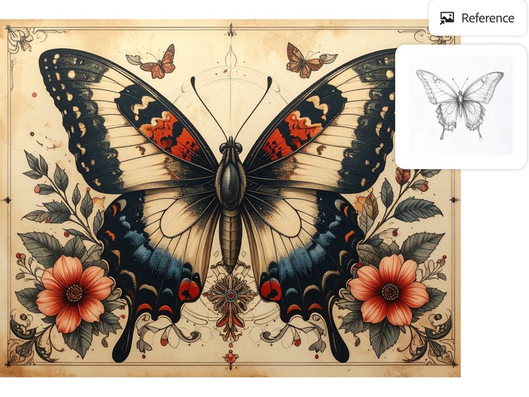 AI-generated full-colour butterfly tattoo sketch with accompanying black and white reference image.