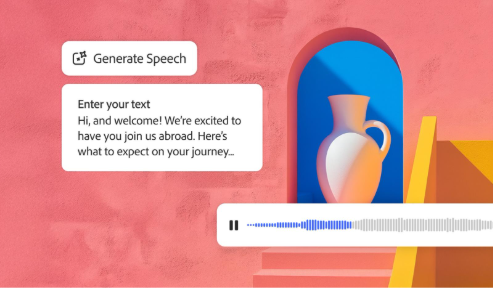 Digital interface for generating speech, featuring a text box with welcome message, a 'Generate Speech' icon, and an audio waveform below an illustration of a white vase in an arched blue niche